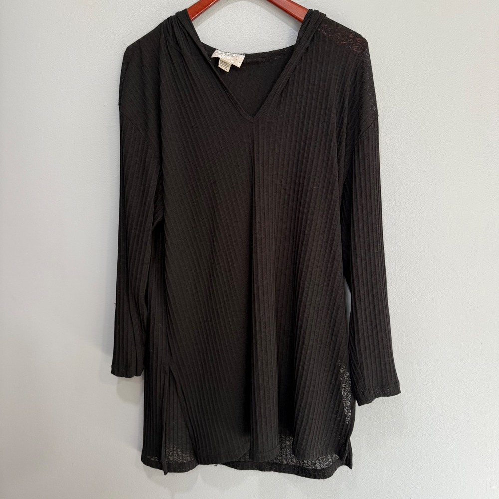 J Valdi Black Ribbed‎ V Neck Hooded Tunic swimsuit coverupTop Long Sleeve XL